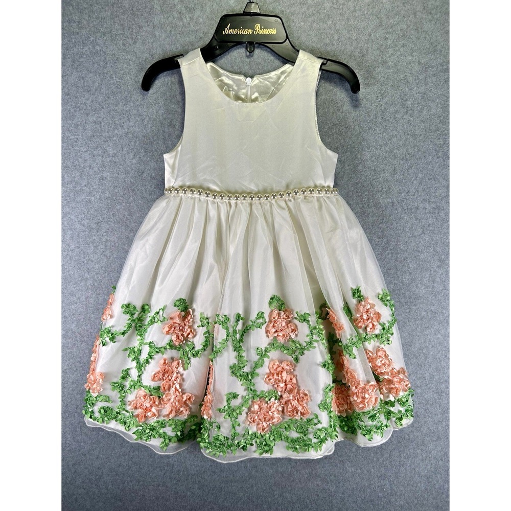 American Princess Girls Dress Size 4 White Pink Green Floral Formal Polyester